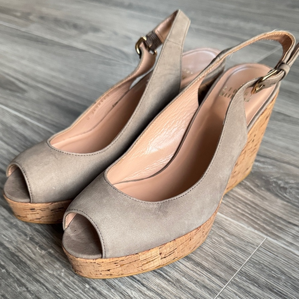 Stuart Weitzman Taupe Peep-Toe Cork Wedge Sandals | Size 6
